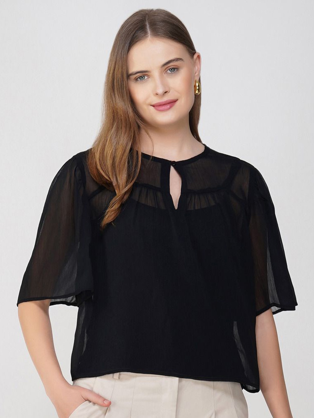 

Avor Lifestyle Chiffon solid Key hole neck Top, Black