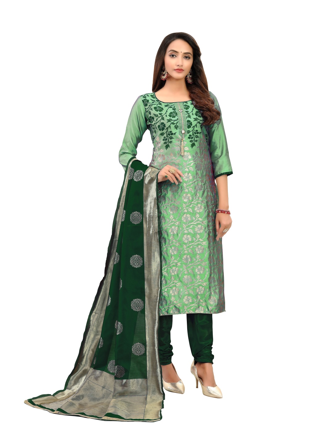 

HERE&NOW Floral Woven Design Banarasi Jacquard Unstitched Dress Material, Green