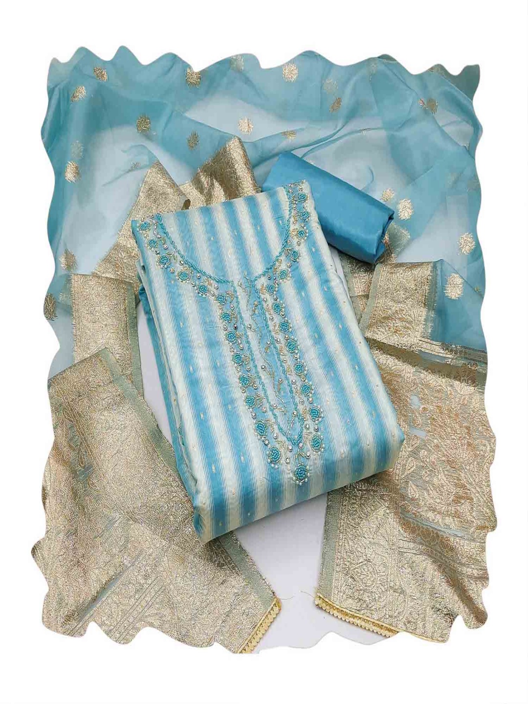

NEGRONI Striped Woven Design Beads And Stones Unstitched Dress Material, Blue