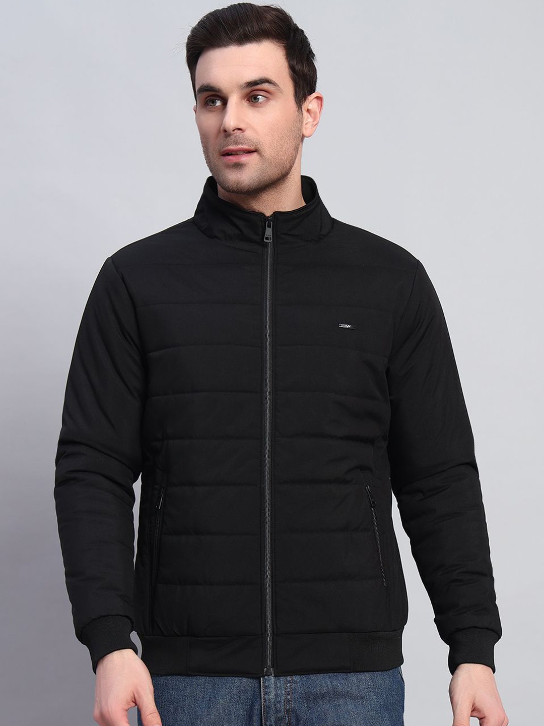 

AR-FIT Men Mock Collar Solid Casual Water Resistant Bomber Jacket, Black