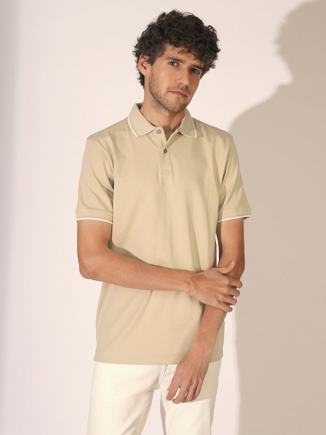 

SELECTED Men Solid Polo Collar Cotton T-shirt, Beige