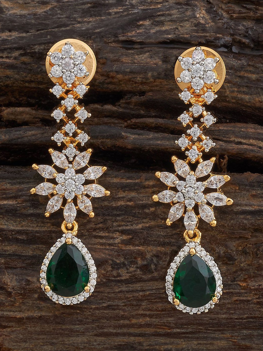 

Kushal's Fashion Jewellery Rhodium-Plated Zircon Studded Floral Shaped Drop Earrings, Green