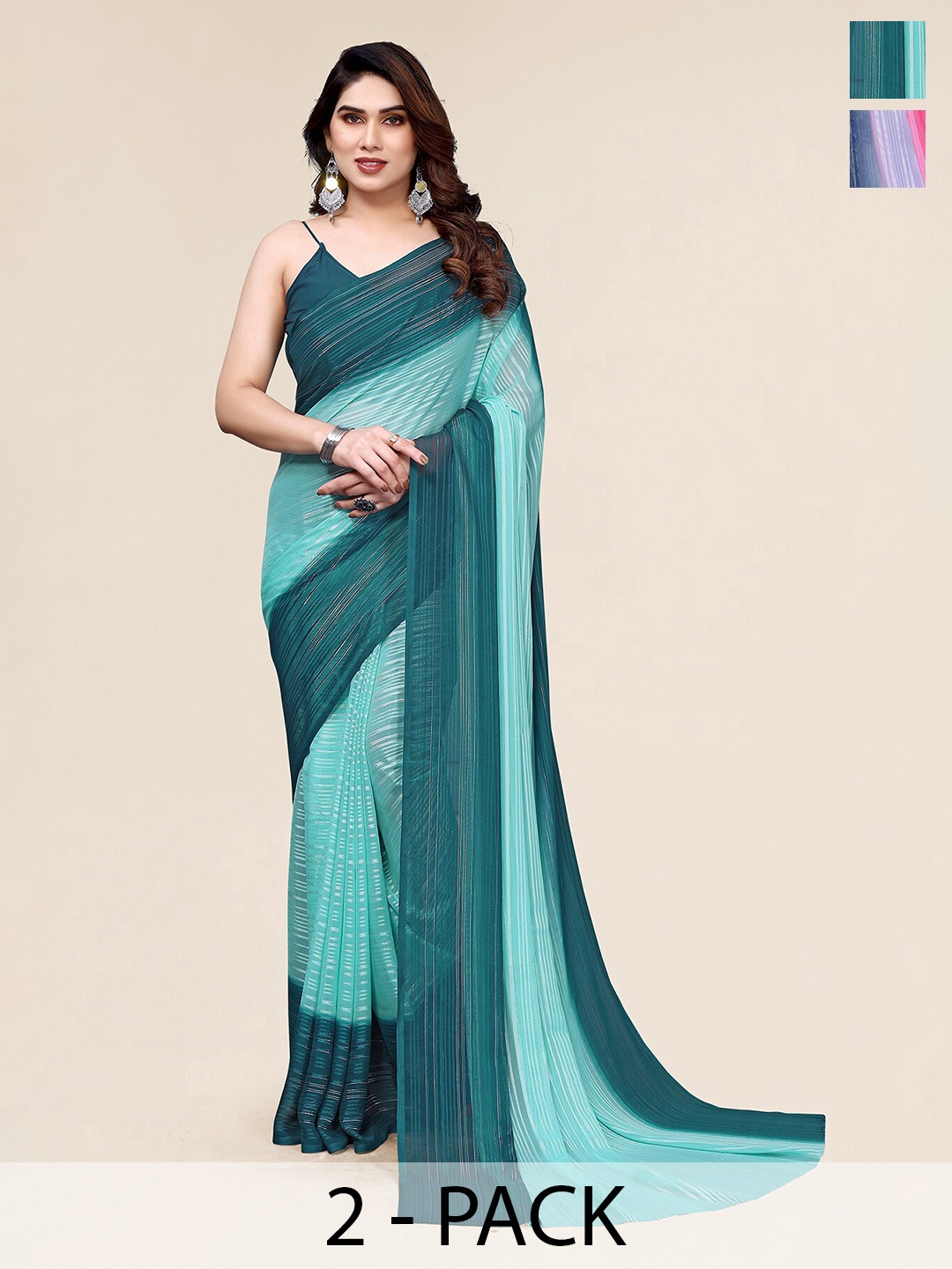 

Moda Rapido Pack Of 2 Striped Satin Saree, Teal