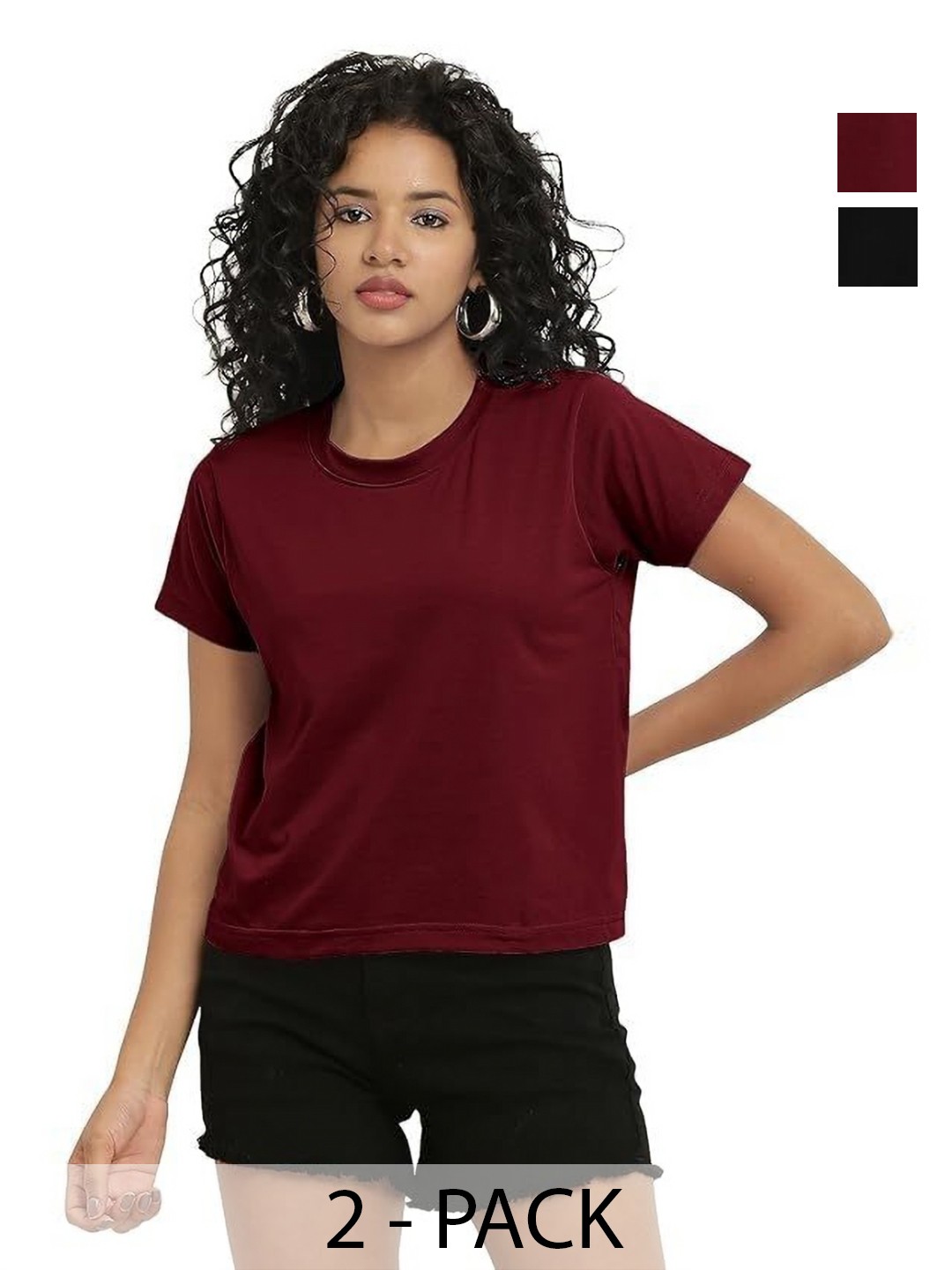 

NOTWILD Women Pack Of 2 Solid Round Neck Cotton T-shirts, Black