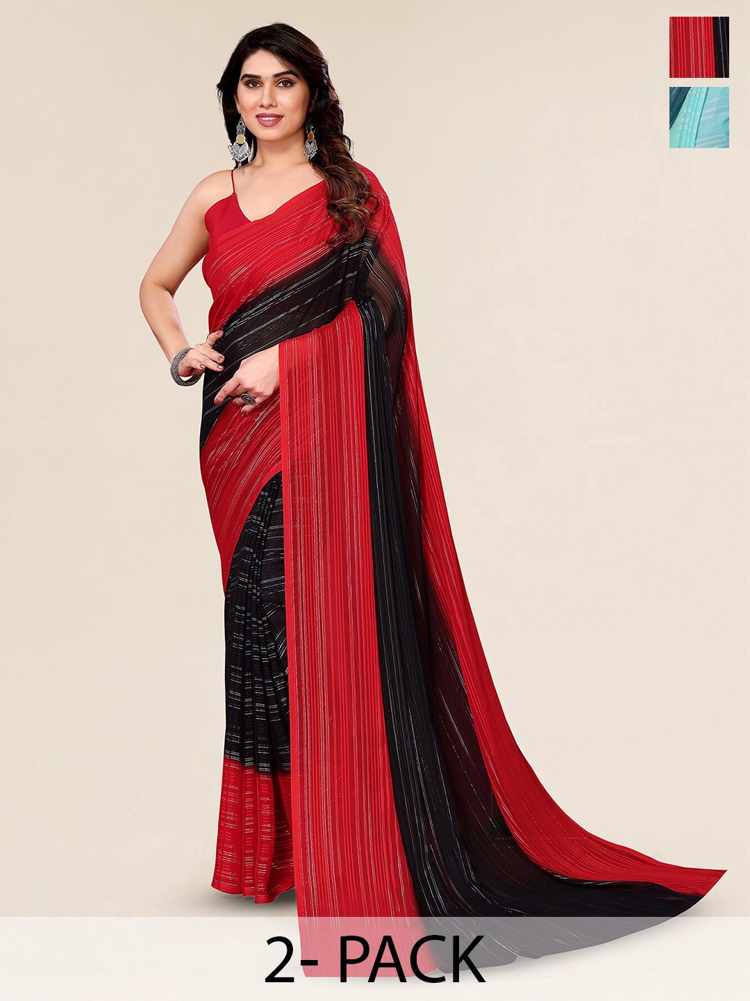 

Moda Rapido Pack Of 2 Striped Satin Saree, Red