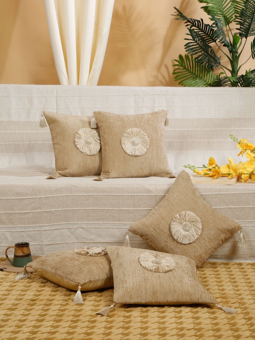 

SOKNACK Beige 5 Pieces Embroidered Velvet Square Tasselled Cushion Covers
