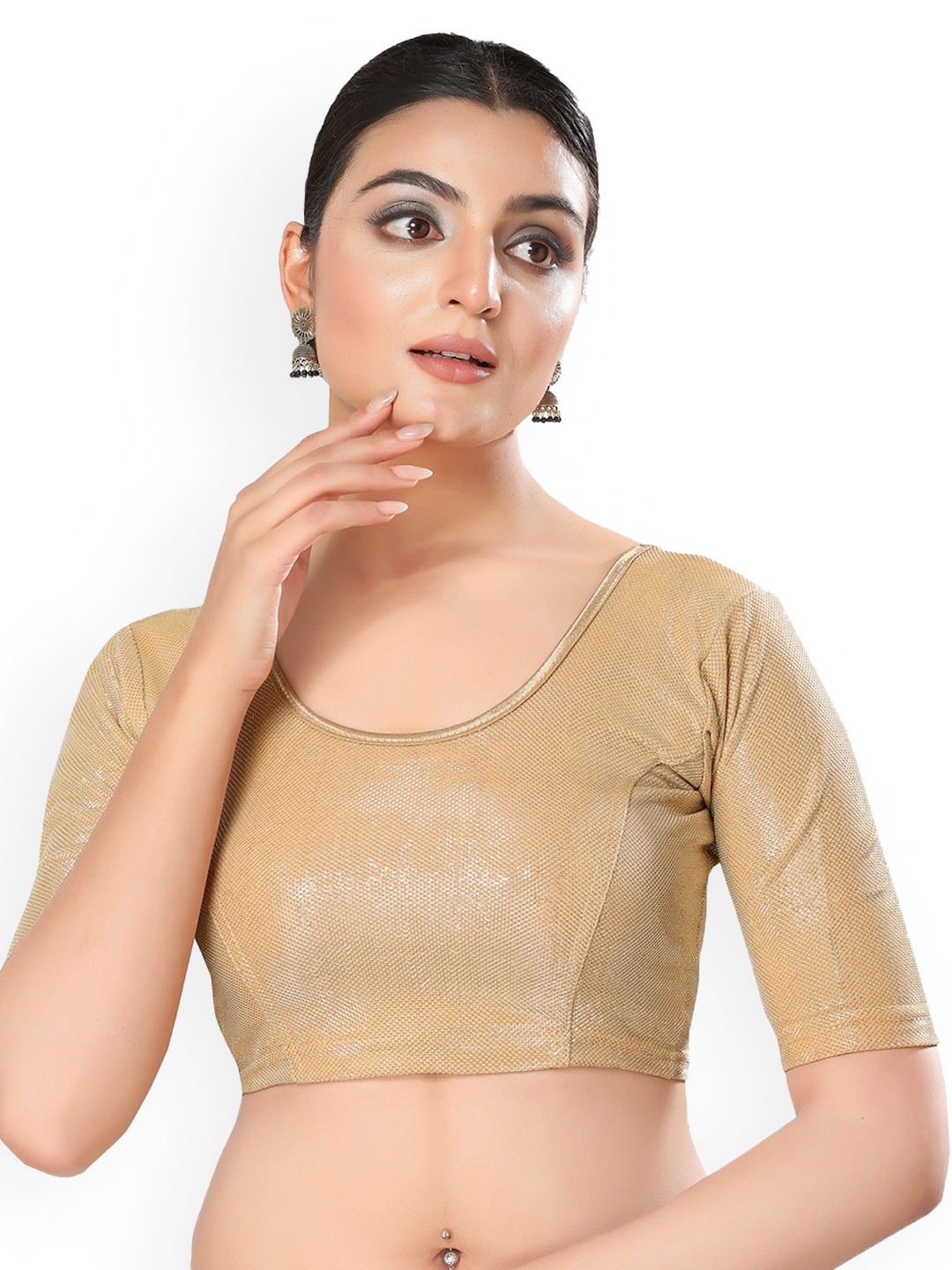 

Mmore Round Neck Short Sleeves Stretchable Saree Blouse, Rose gold