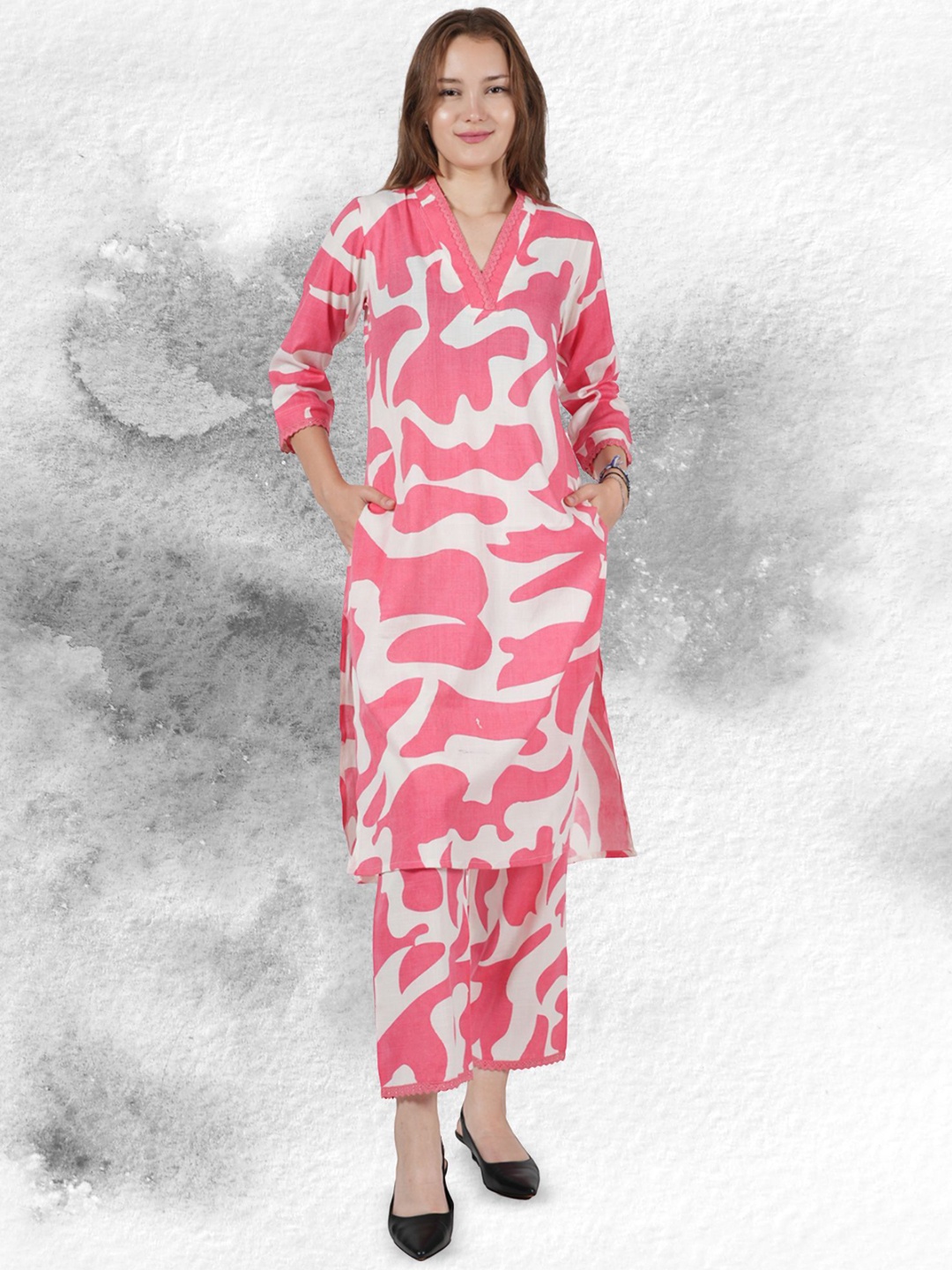 

BAESD Abstract Printed V-Neck Pure Cotton Tunic With Trouser, Pink