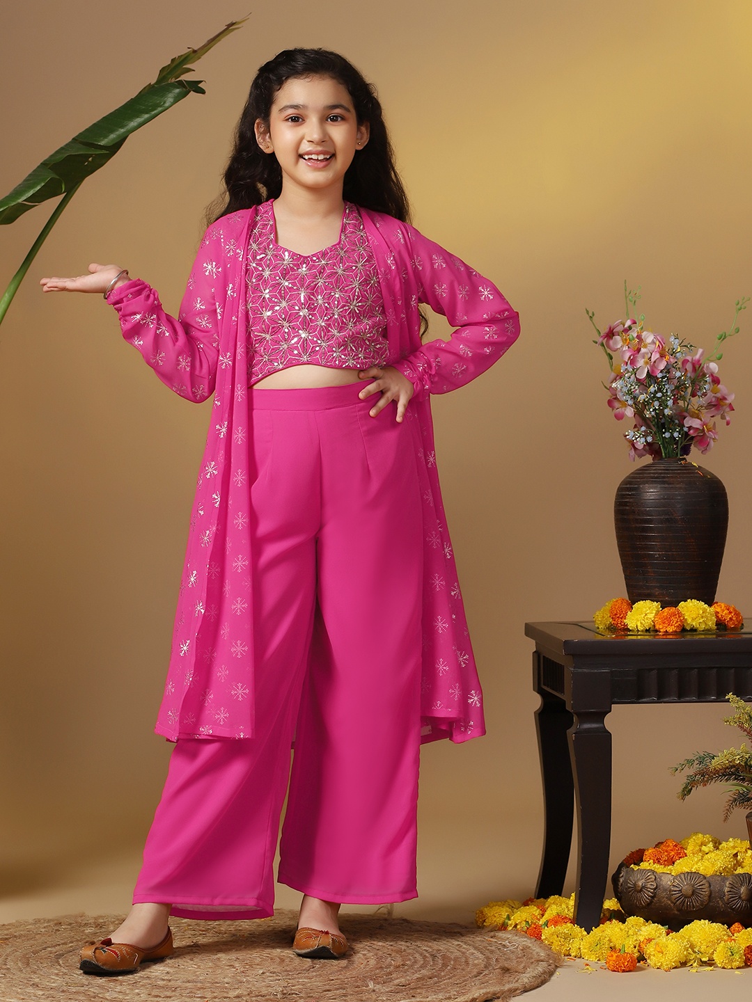 

FASHION DREAM Girls Floral Embroidered Sequinned Top with Palazzos & Shrug, Pink