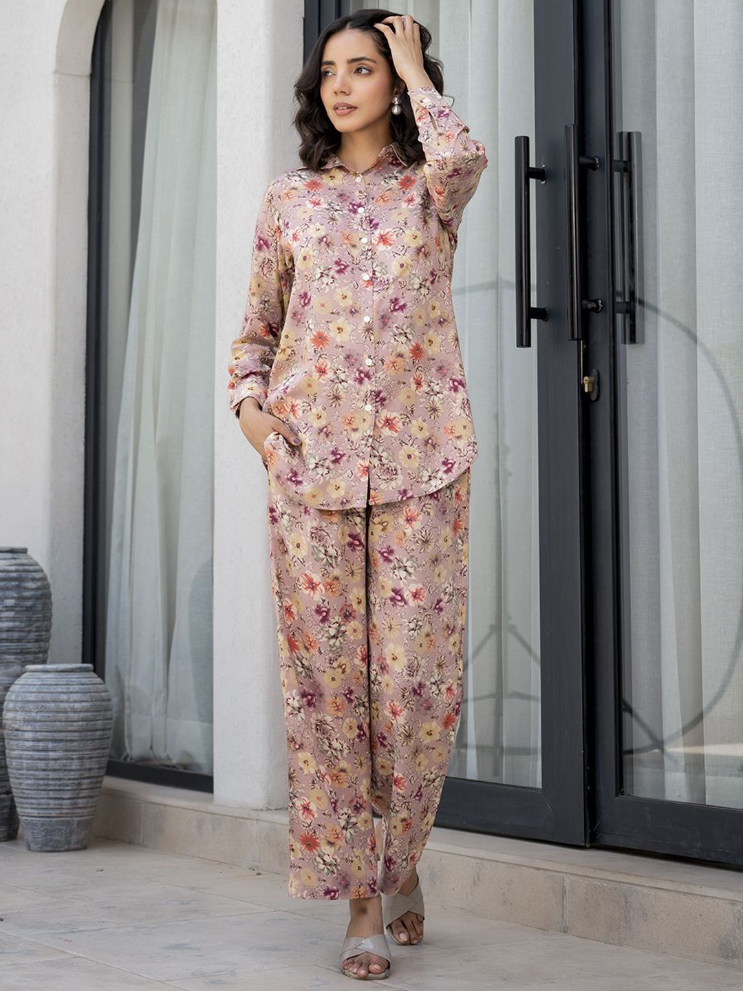 

Chandbaali Floral Printed Shirt Collar Shirt With Trouser, Purple