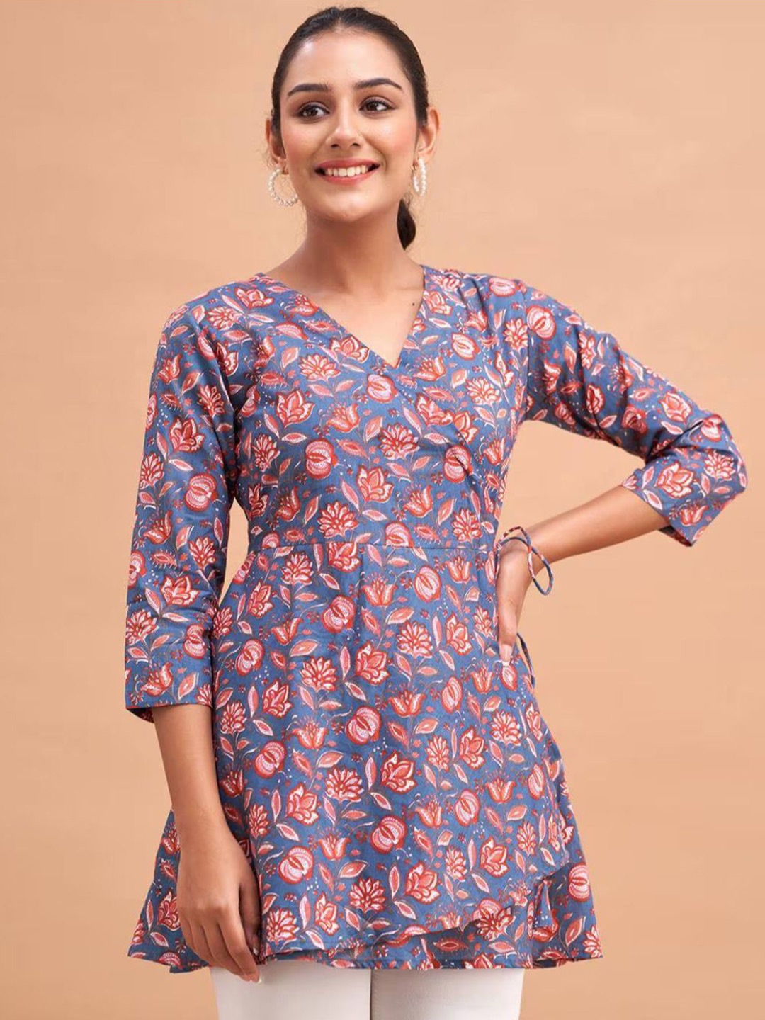 

Rangun Floral Print Wrap Top, Blue
