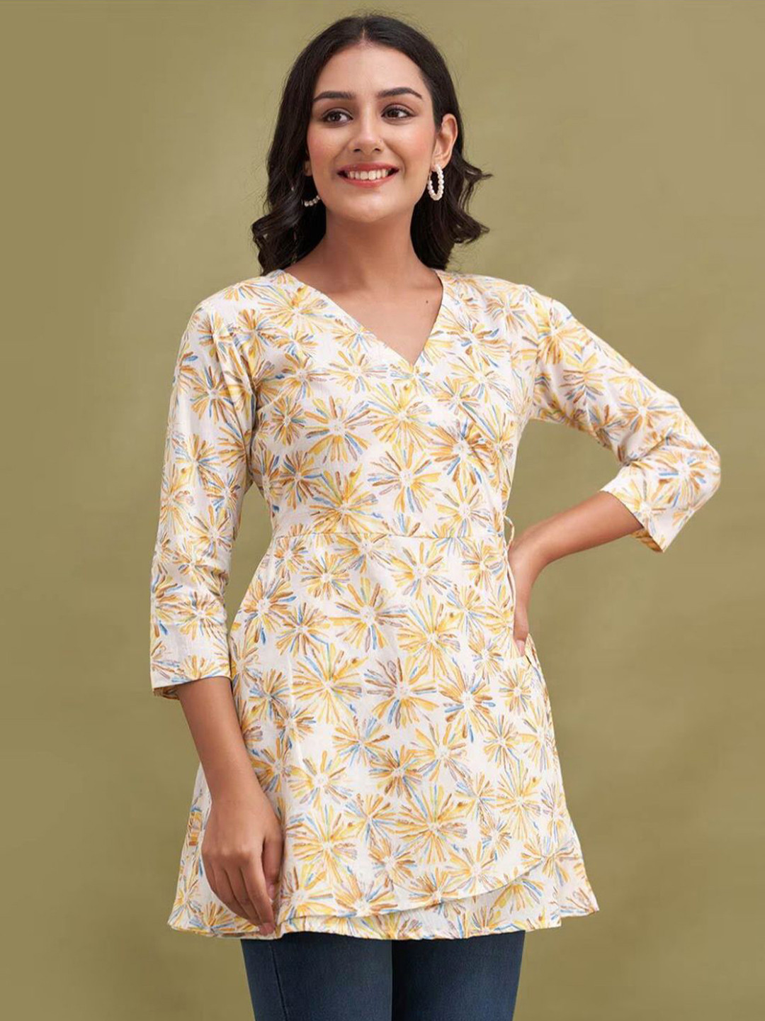 

Rangun Women Floral Printed Wrap Top, Yellow