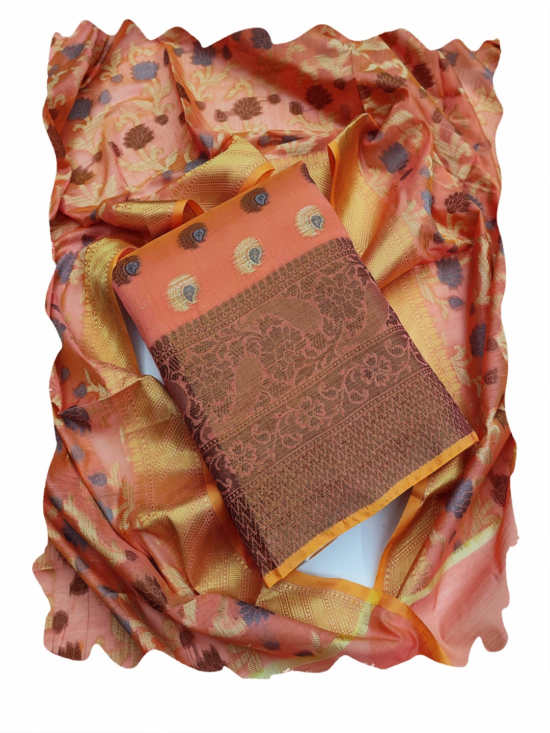 

HERE&NOW Floral Embellished Zari Unstitched Dress Material, Peach
