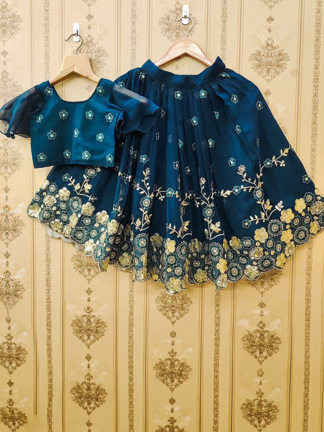 

BAESD Girls Floral Embroidered Sequinned Georgette Ready to Wear Lehenga & Blouse, Teal