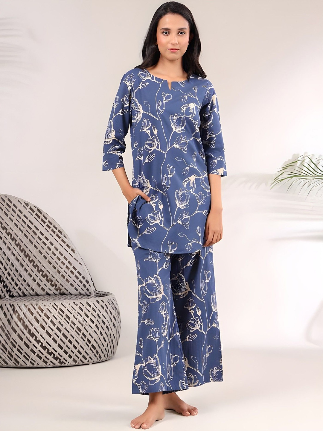 

Acriine Floral Printed Pure Cotton Notch-Neck Tunic With Palazzo, Blue