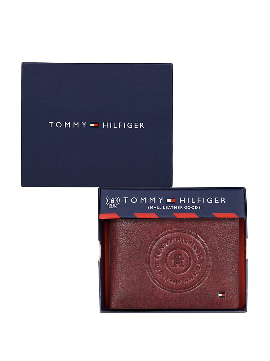 

Tommy Hilfiger Men Typography Textured Leather Two Fold Wallet, Maroon