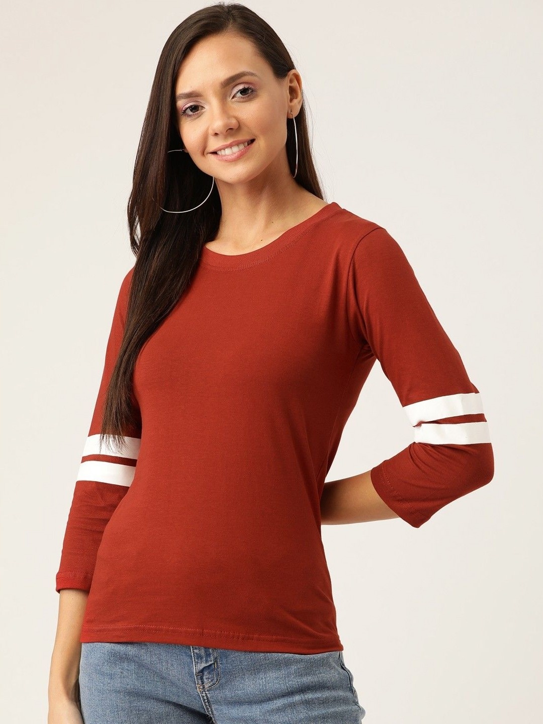 

Moda Rapido Women Striped Round Neck Cotton Slim Fit T-shirt, Brown