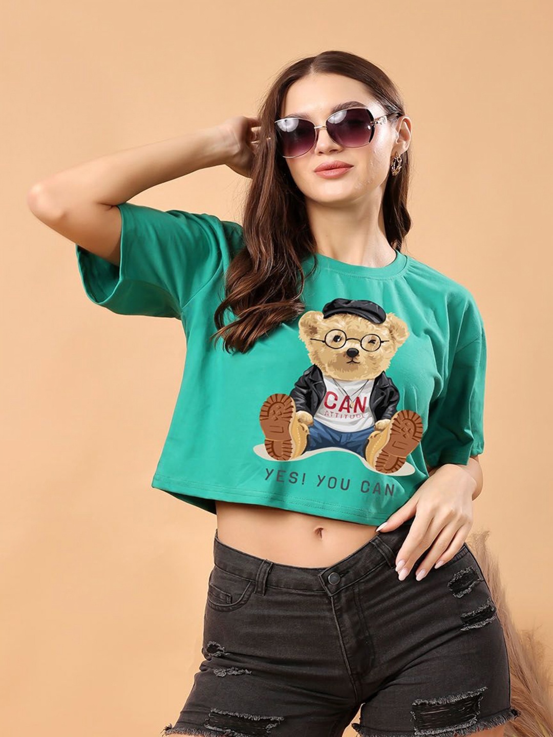 

SWIFTLY Women Bio Finish Graphic Printed Round Neck Cotton Oversized T-shirt, Green