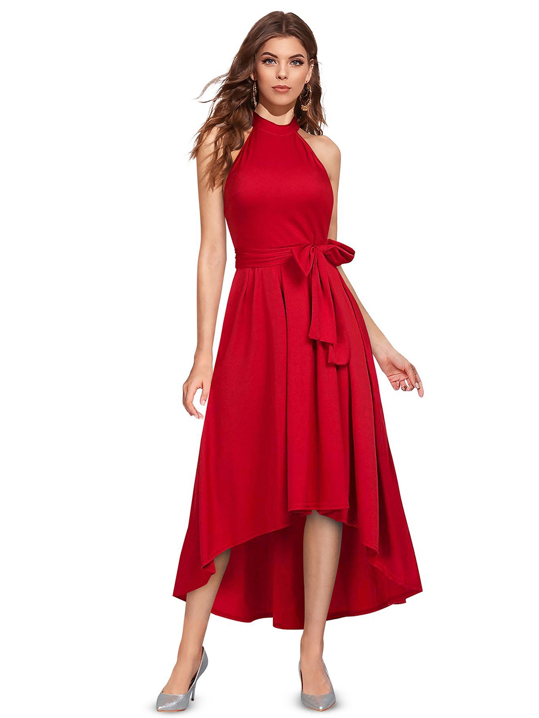 

SHOPONBIT Women Round Neck Fit & Flare Midi Dress, Red