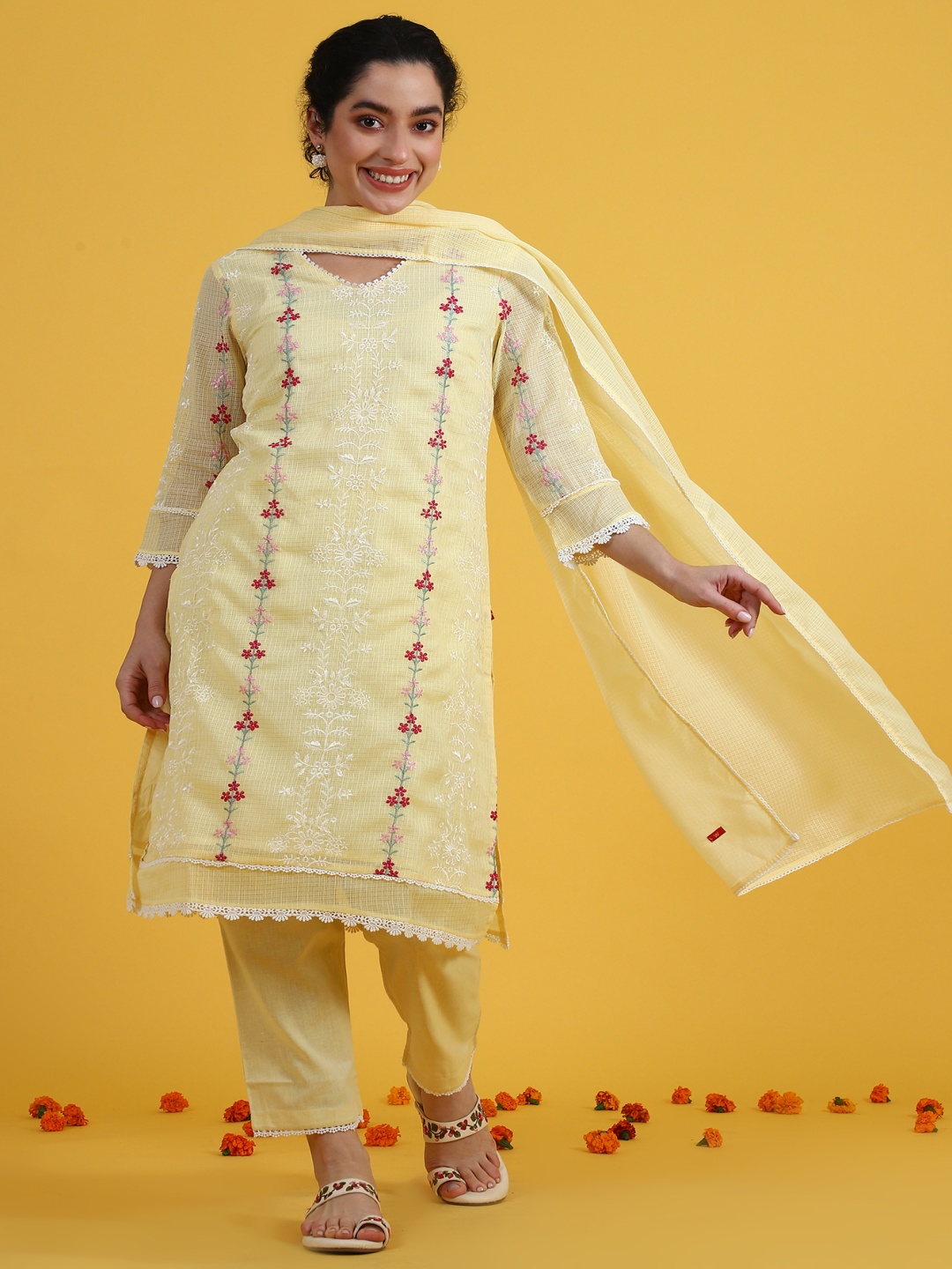 

W Yellow Floral Embroidered V-Neck Straight Kurta With Trousers And Dupatta