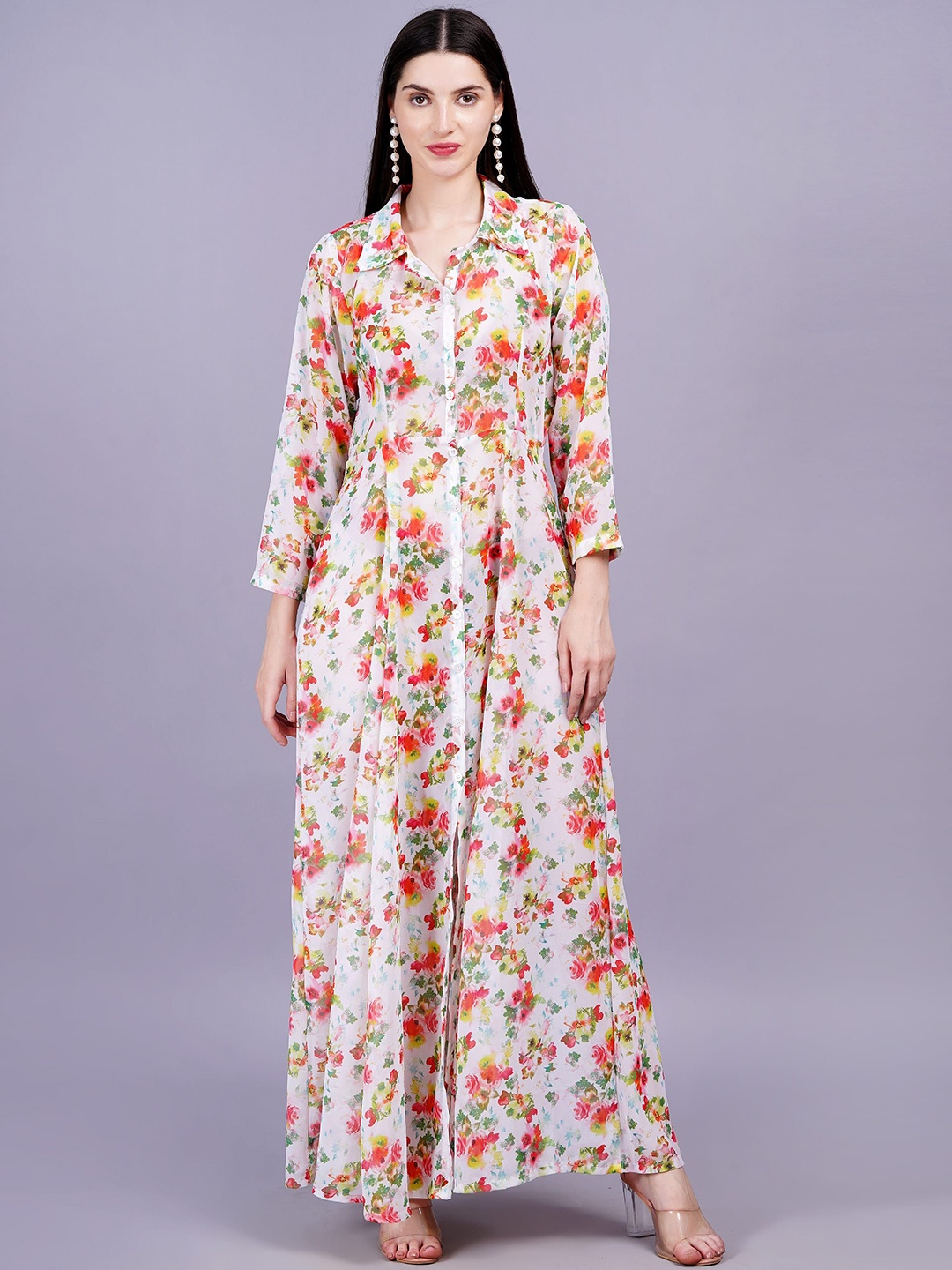 

SUFIZA LIFESTYLE Floral Print Shirt Maxi Dress, White