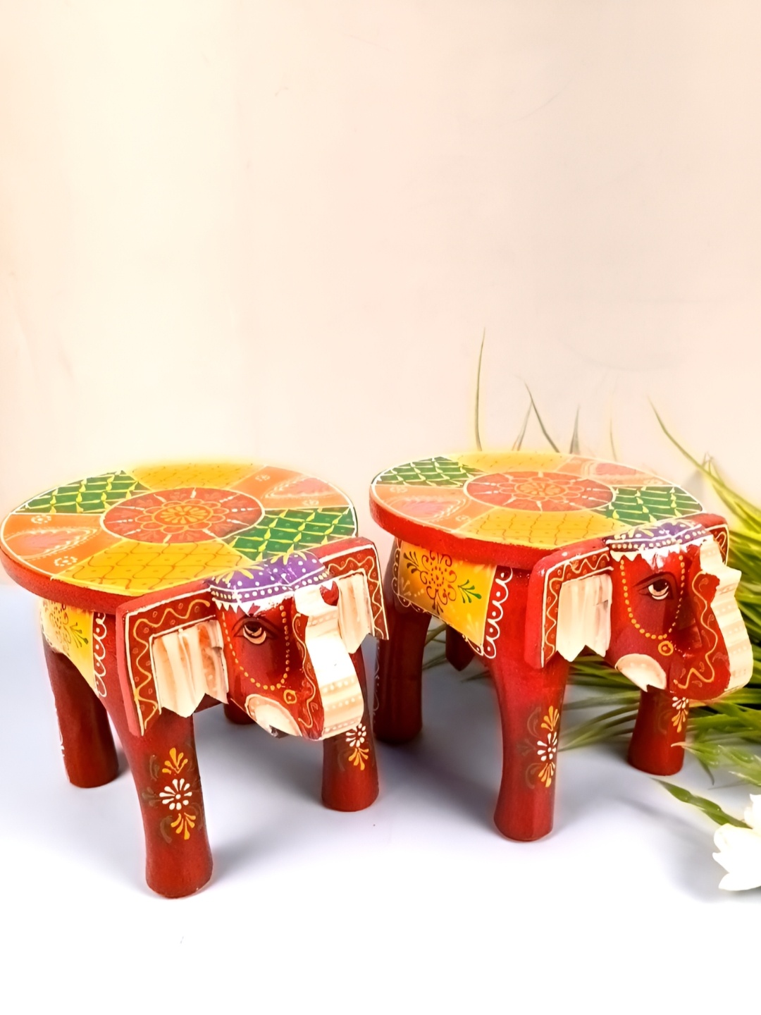 

apka mart Red & Yellow 2 Pieces Elephant Table Figurine Showpiece