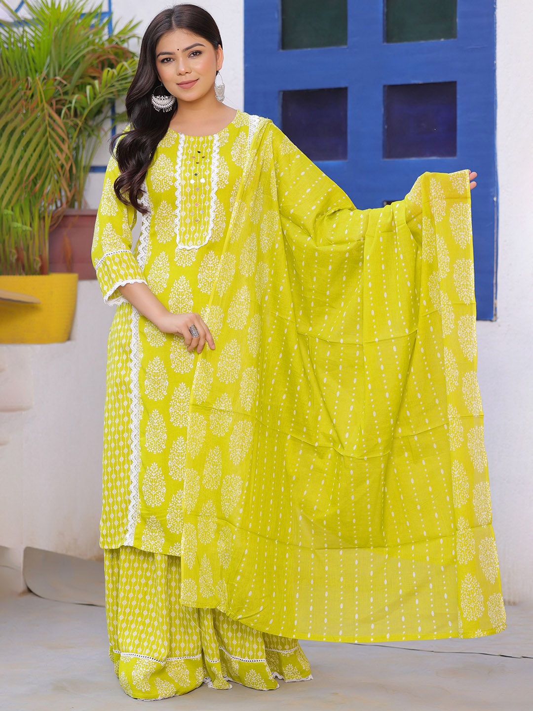 

Gekha Floral Printed Mirror Work Straight Kurta With Skirt And Dupatta, Yellow