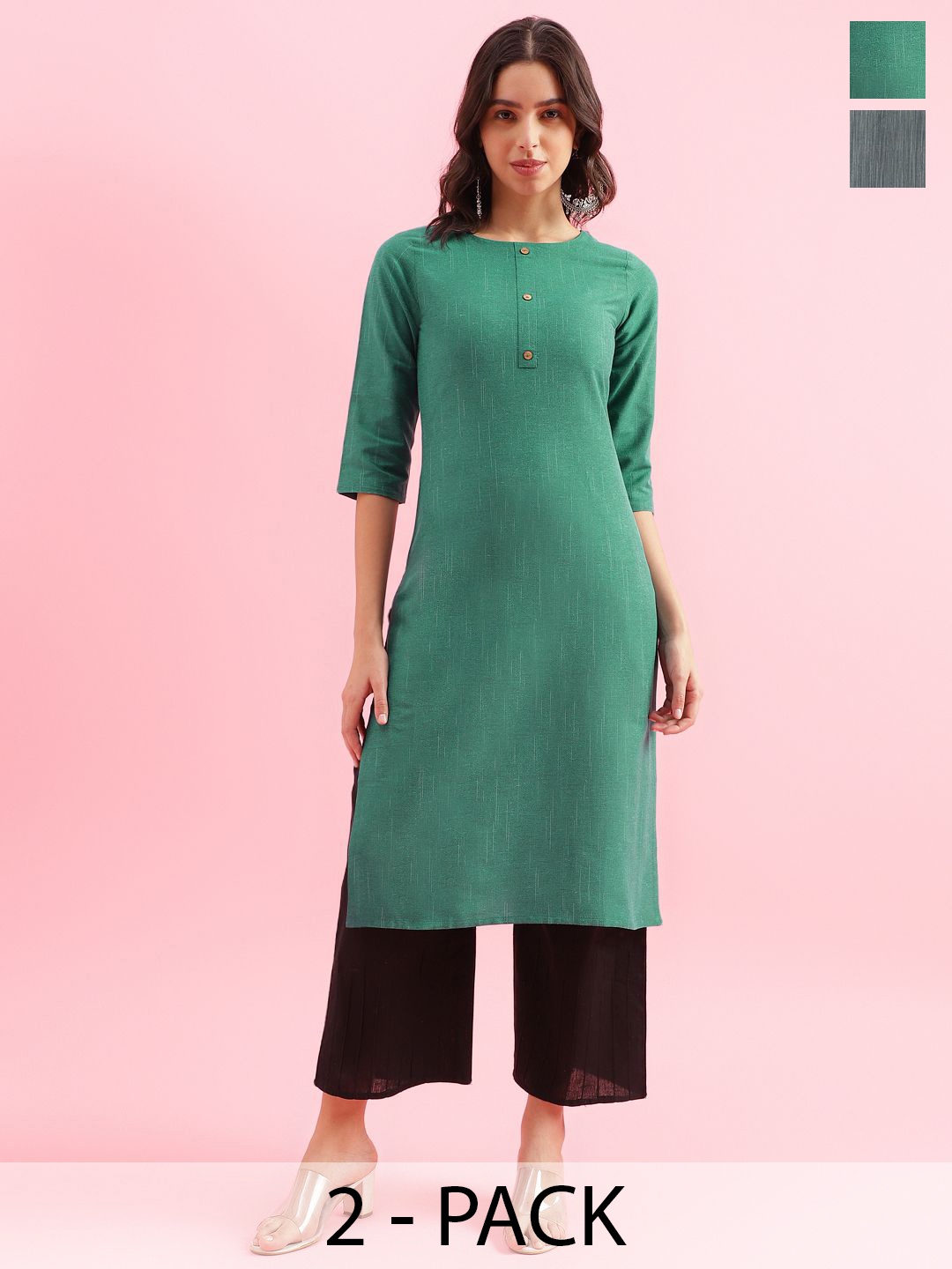 

KALINI Selection Of 2 Woven Round Neck Straight Kurtas, Green