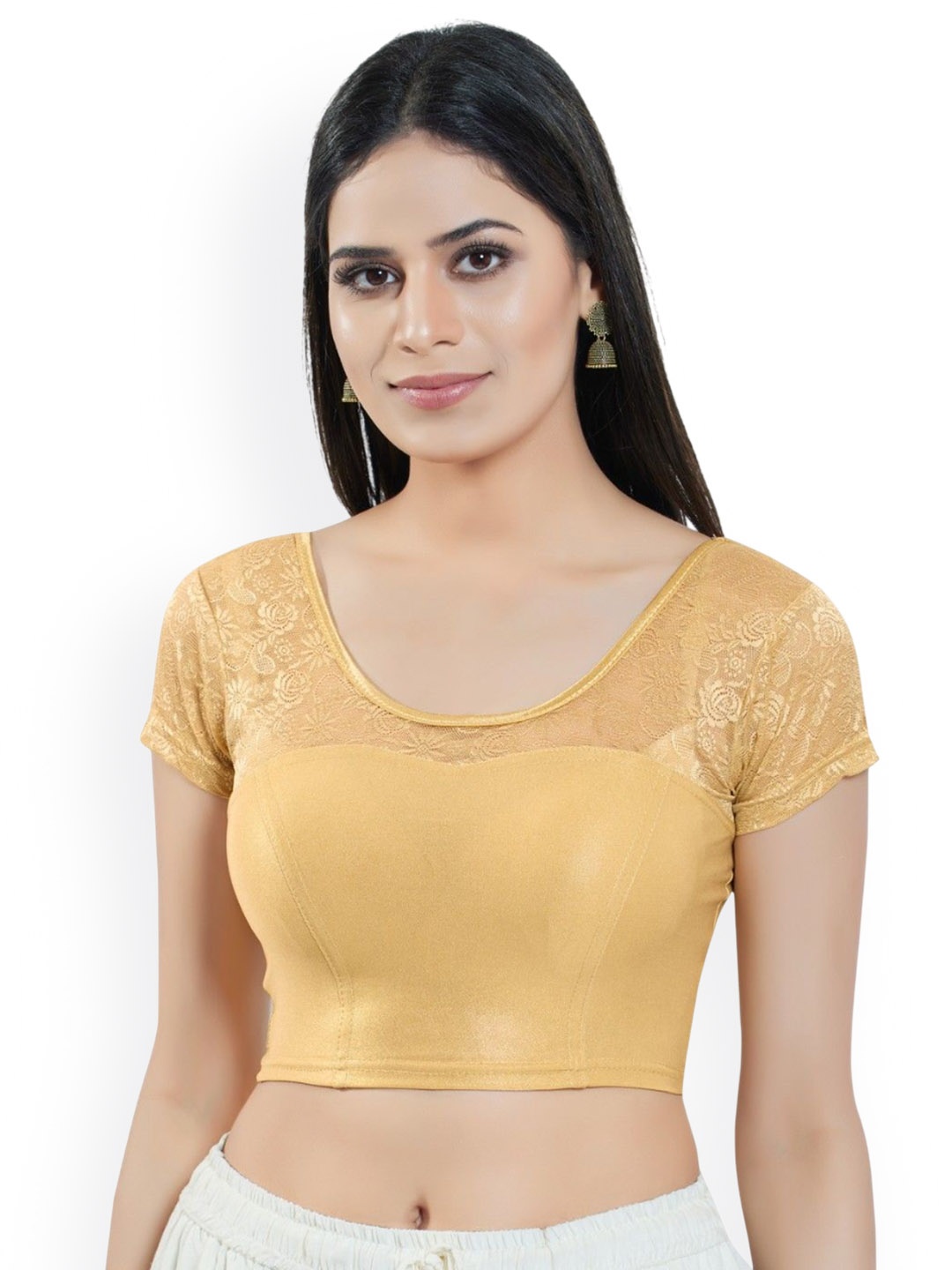 

Mmore Round Neck Short Sleeves Stretchable Saree Blouse, Gold