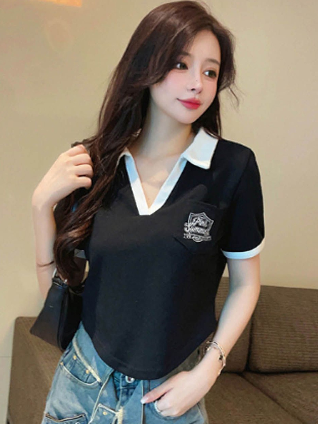 

StyleCast Women Shirt Collar Shirt Style Top, Black