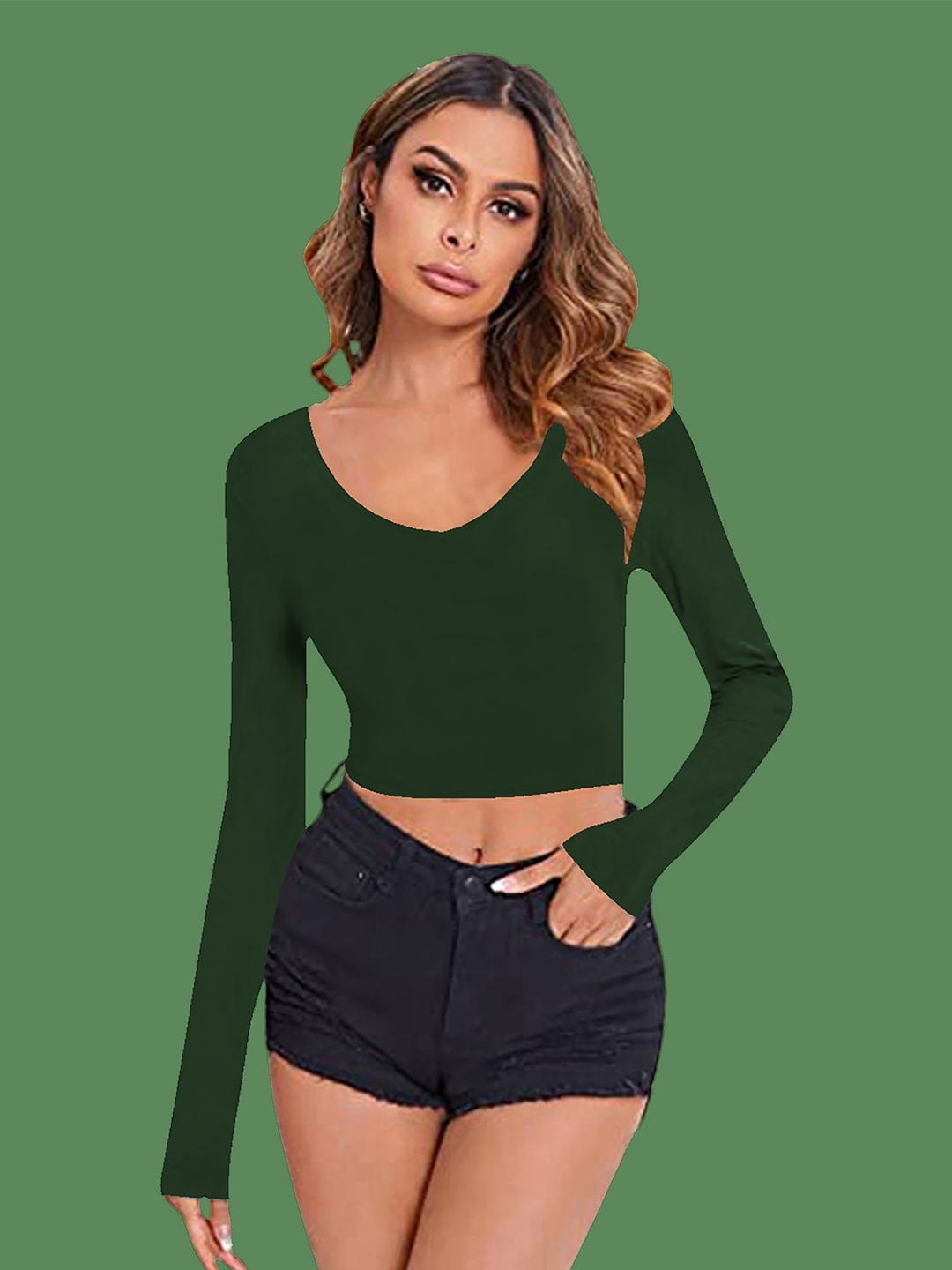 

Dream Beauty Fashion Solid Long Sleeves Crop Top, Green