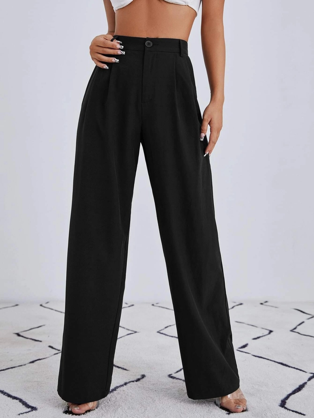 

FNOCKS Women Relaxed Straight Leg High-Rise Organic Cotton Trousers, Black