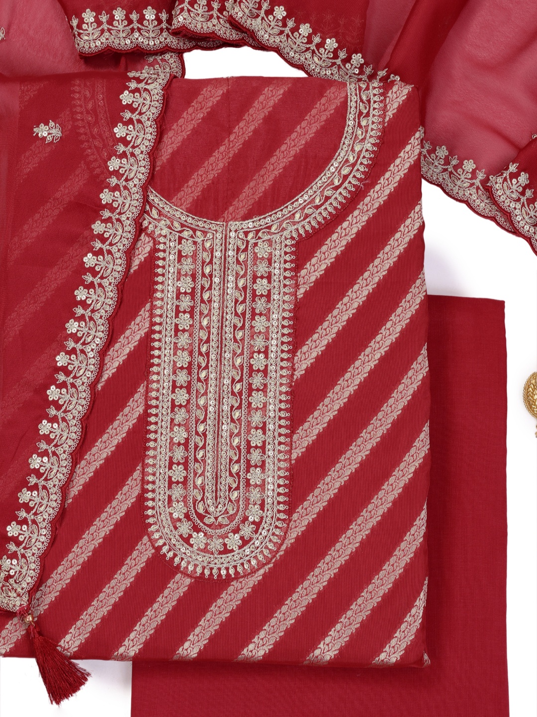 

KULEESH Floral Woven Design Organza Unstitched Dress Material, Red