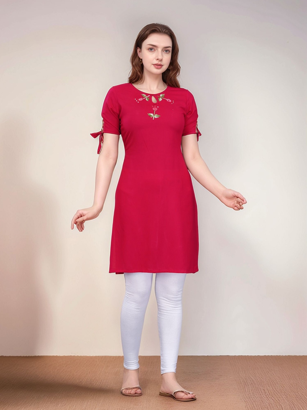 

BAESD Floral Embroidered Keyhole Neck Straight Kurti, Red