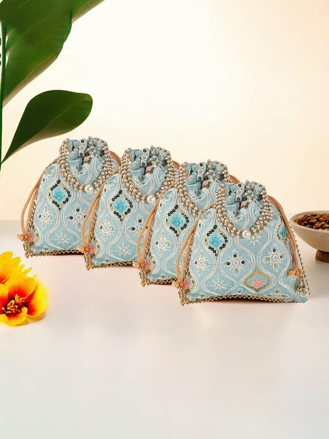 

Kuber Industries Unisex Set Of 4 Embroidered Potli Clutches With Pearl Handles, Blue