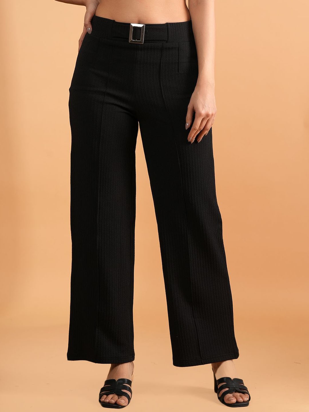 

BAESD Women Straight Fit High-Rise Easy Wash Flat-Front Parallel Trouser, Black