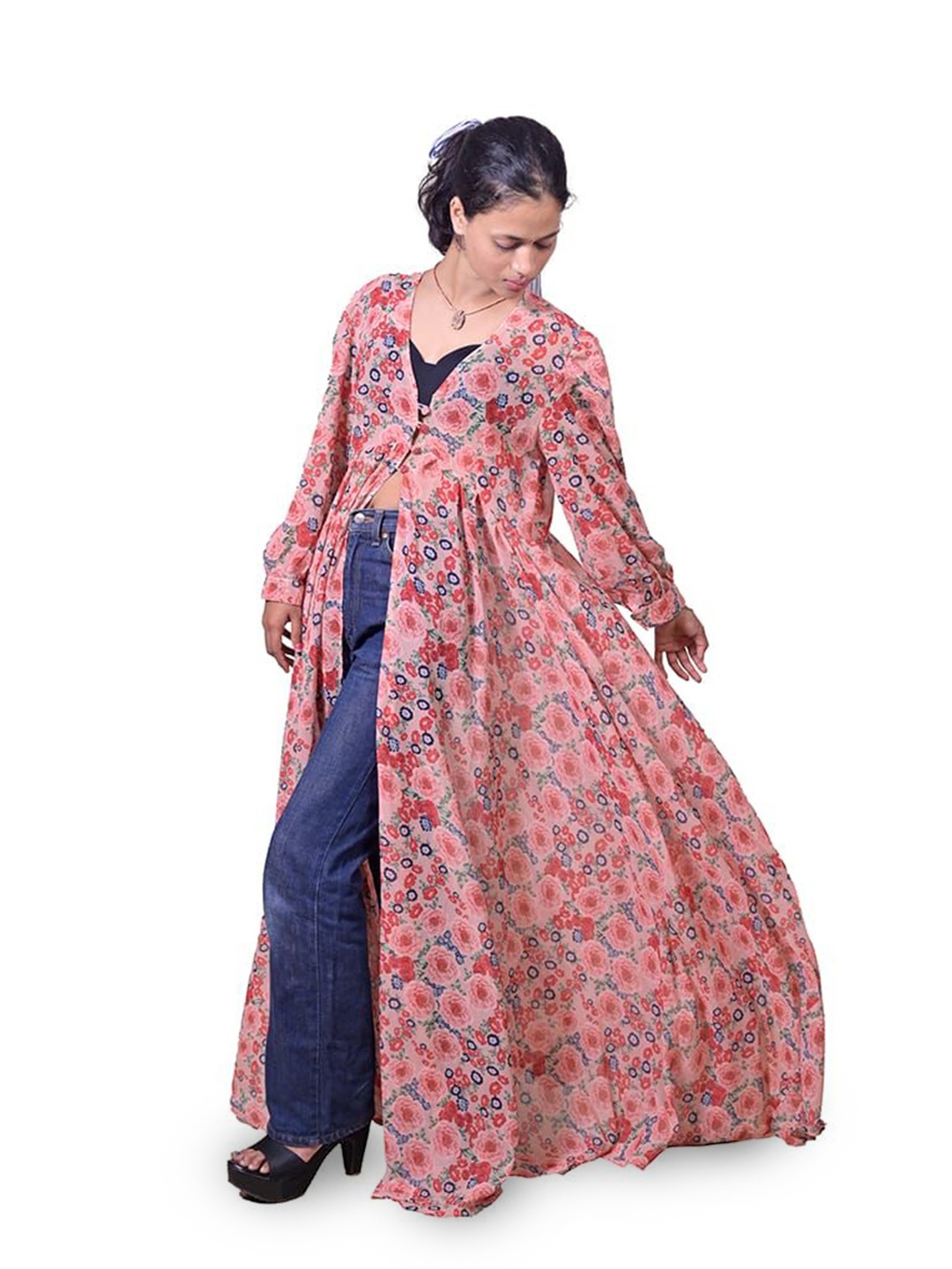 

SUFIZA LIFESTYLE Floral Printed Longline Button Shrug, Pink