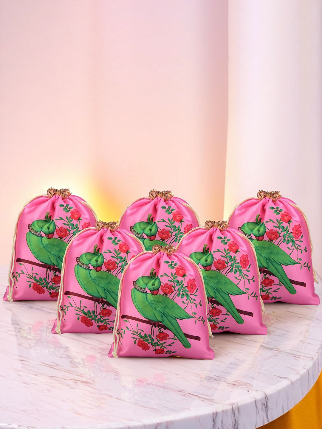 

Kuber Industries Unisex Set Of 6 Parrot Design Printed Satin Potli Clutches, Pink