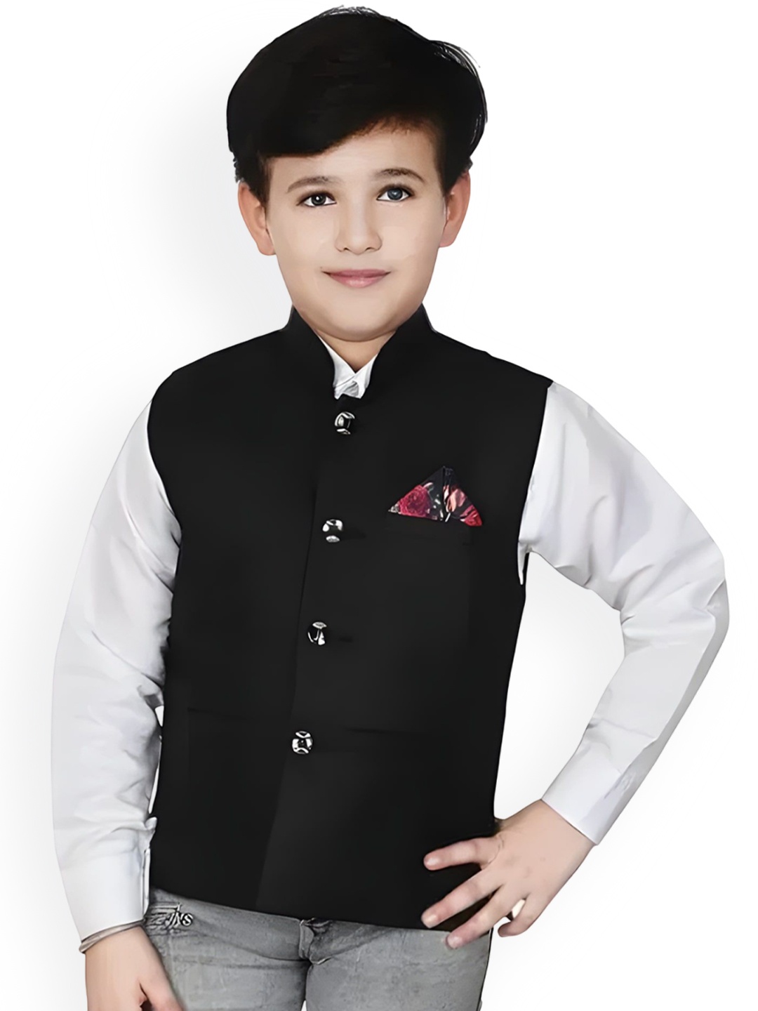 

Qitty Boys Mandarin Collar Cotton Jute Nehru Jacket With Pocket Square, Black