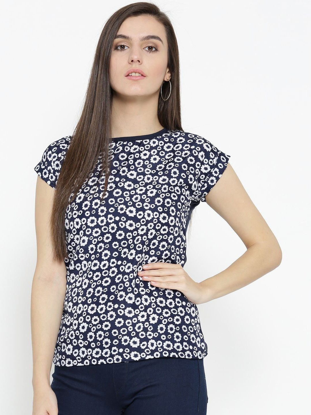 

Moda Rapido Women Floral Printed Round Neck Cotton Slim Fit T-shirt, Navy blue