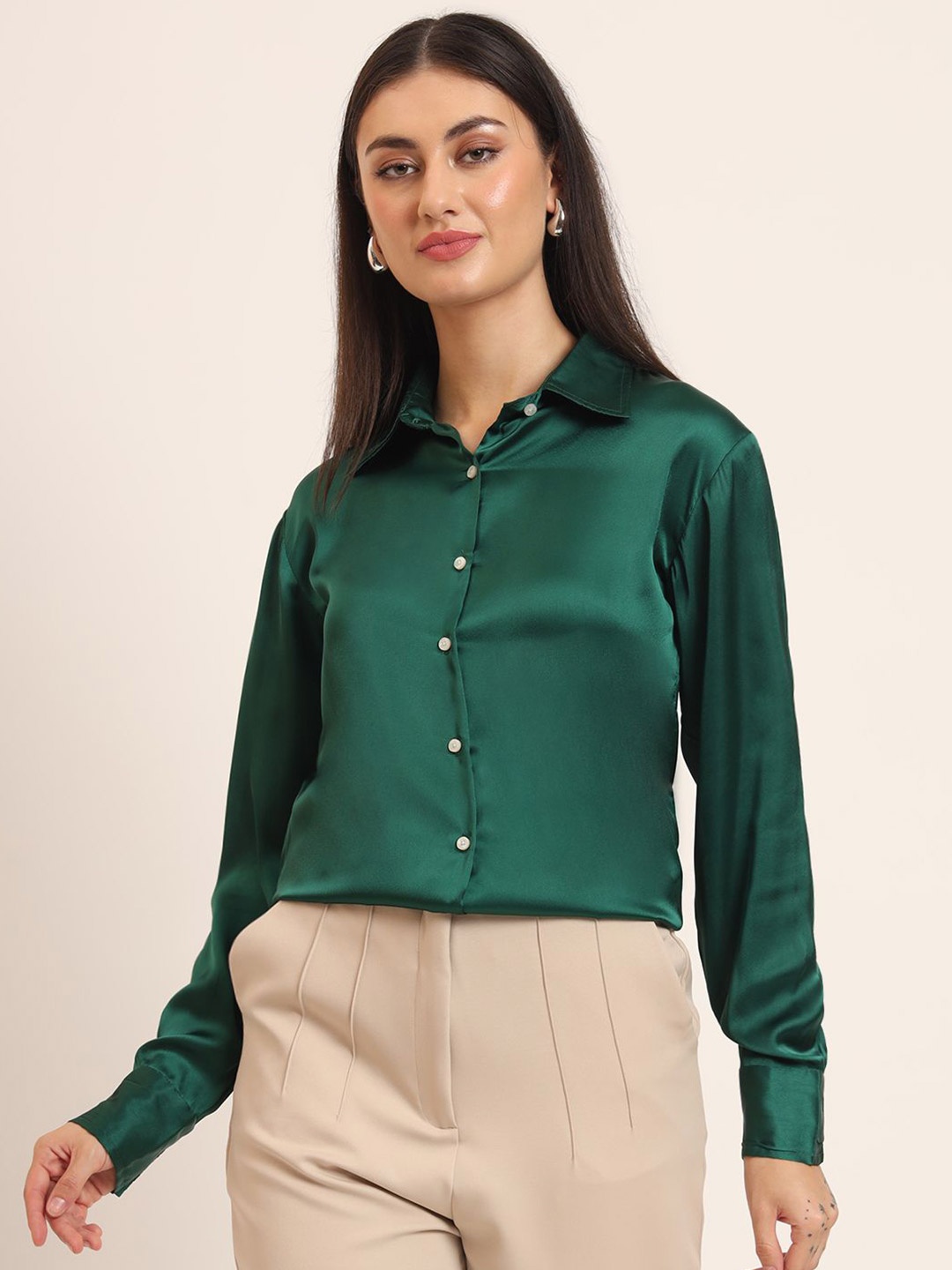 

AMSWAN Women Comfort Fit Spread Collar Solid Satin Casual Shirt, Green