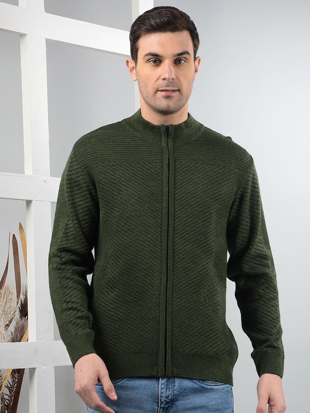 

COBB Men Self Design Front-Open Sweaters, Green