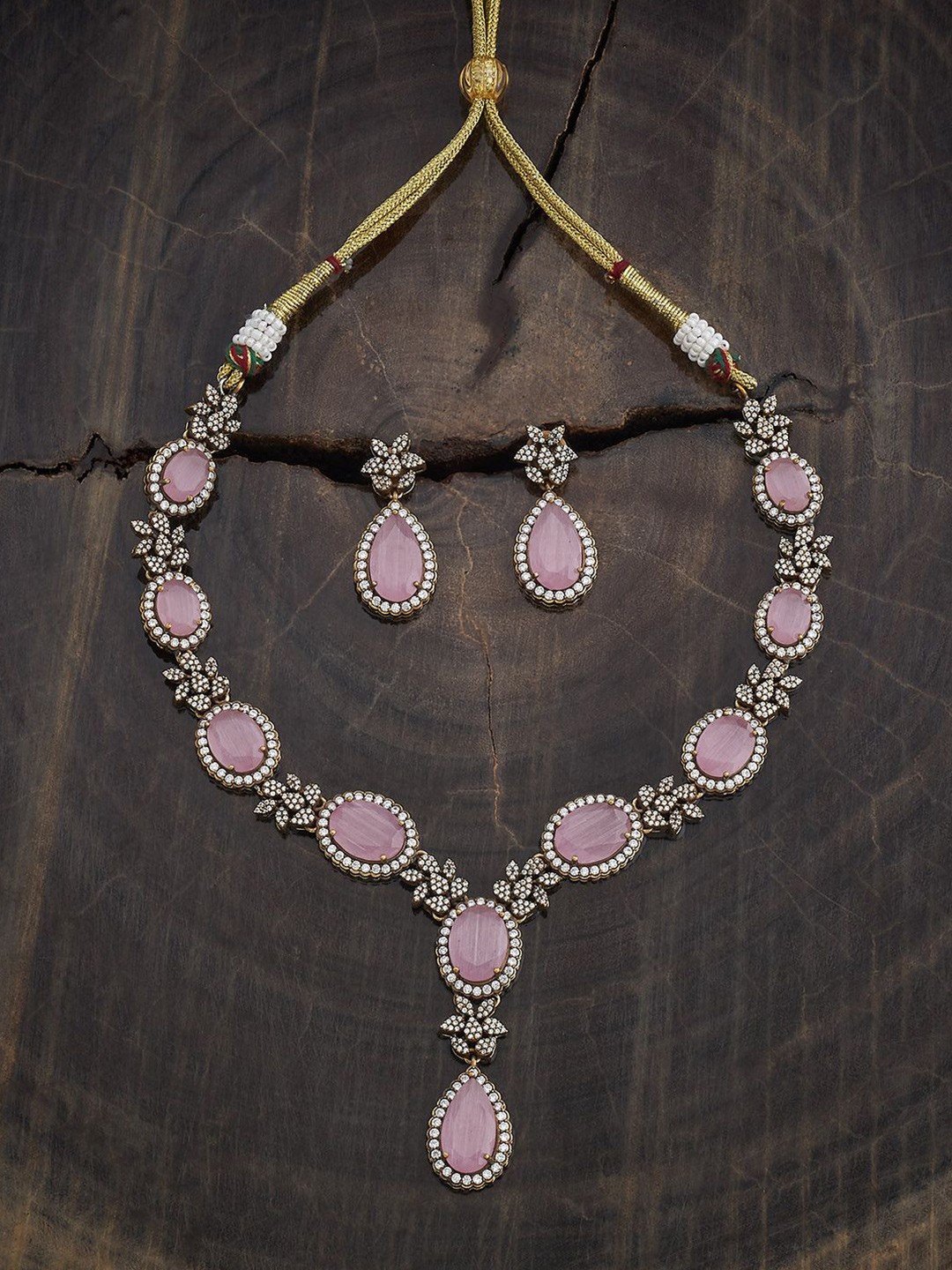

Kushal's Fashion Jewellery Cubic Zirconia-Studded & Beaded Necklace & Earrings, Gold