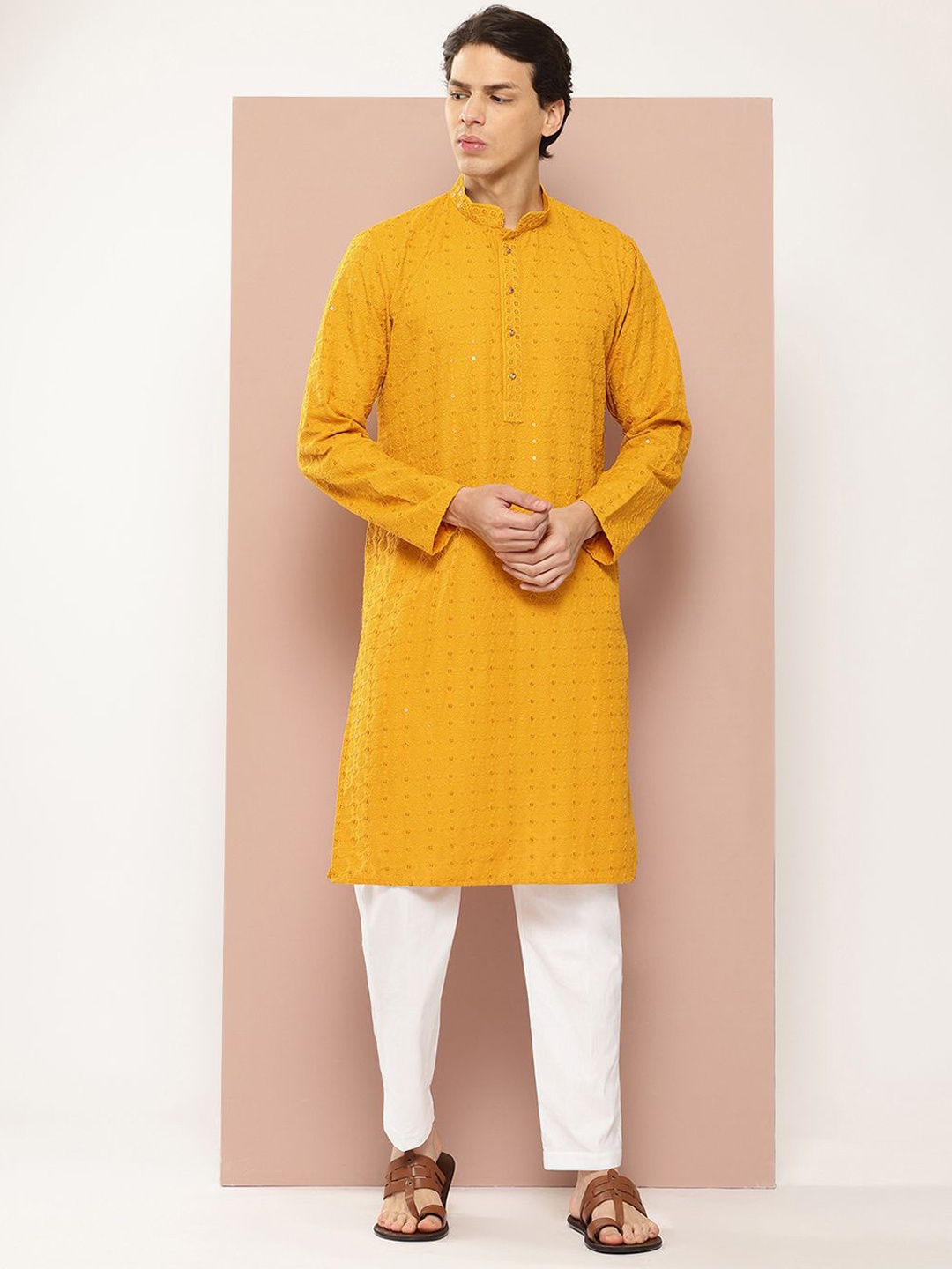 

See Designs Woven Design Mandarin Collar Straight Kurta, Mustard