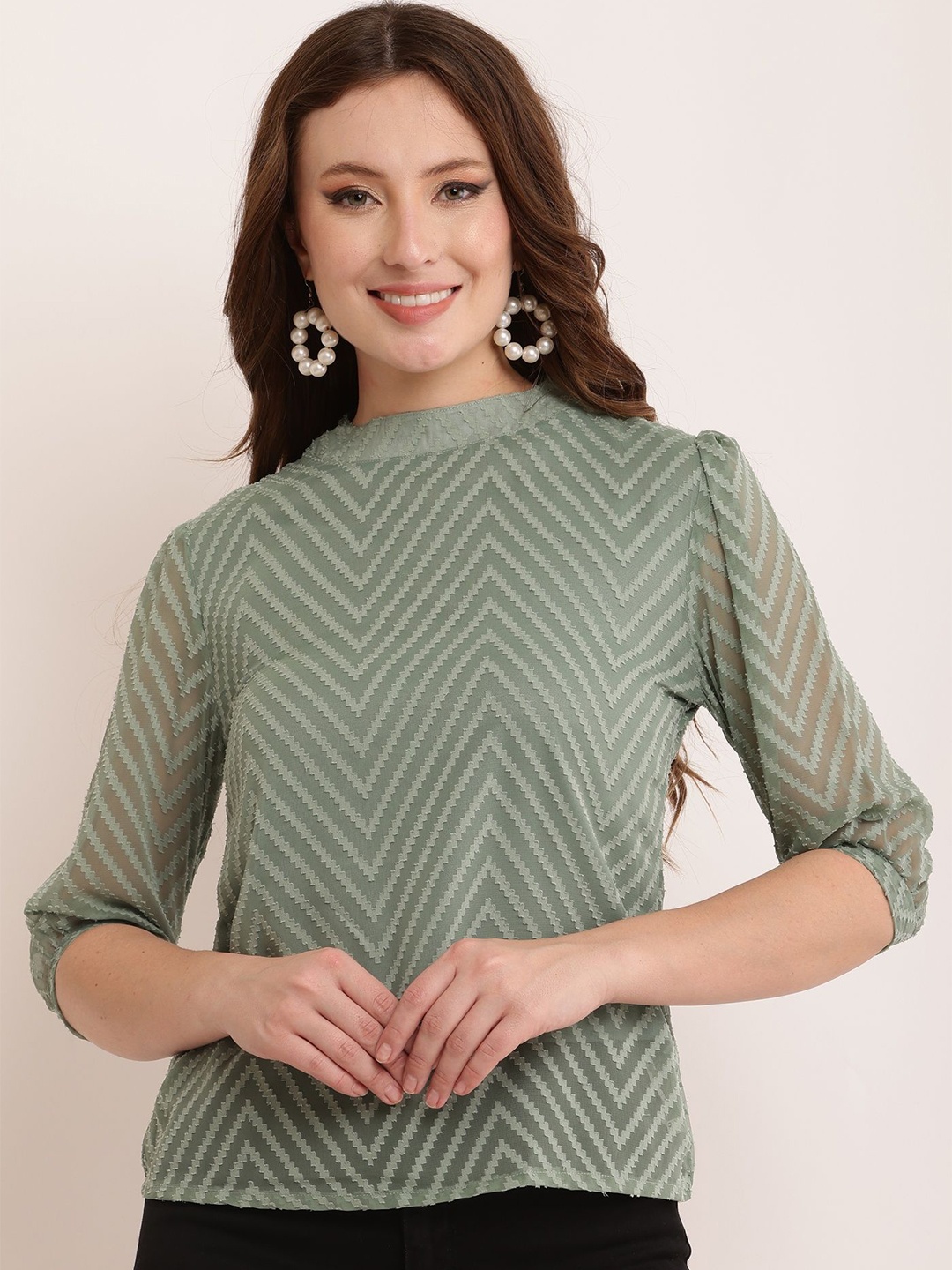 

BAESD Geometric Mandarin Collar Puff Sleeve Georgette Top, Sea green