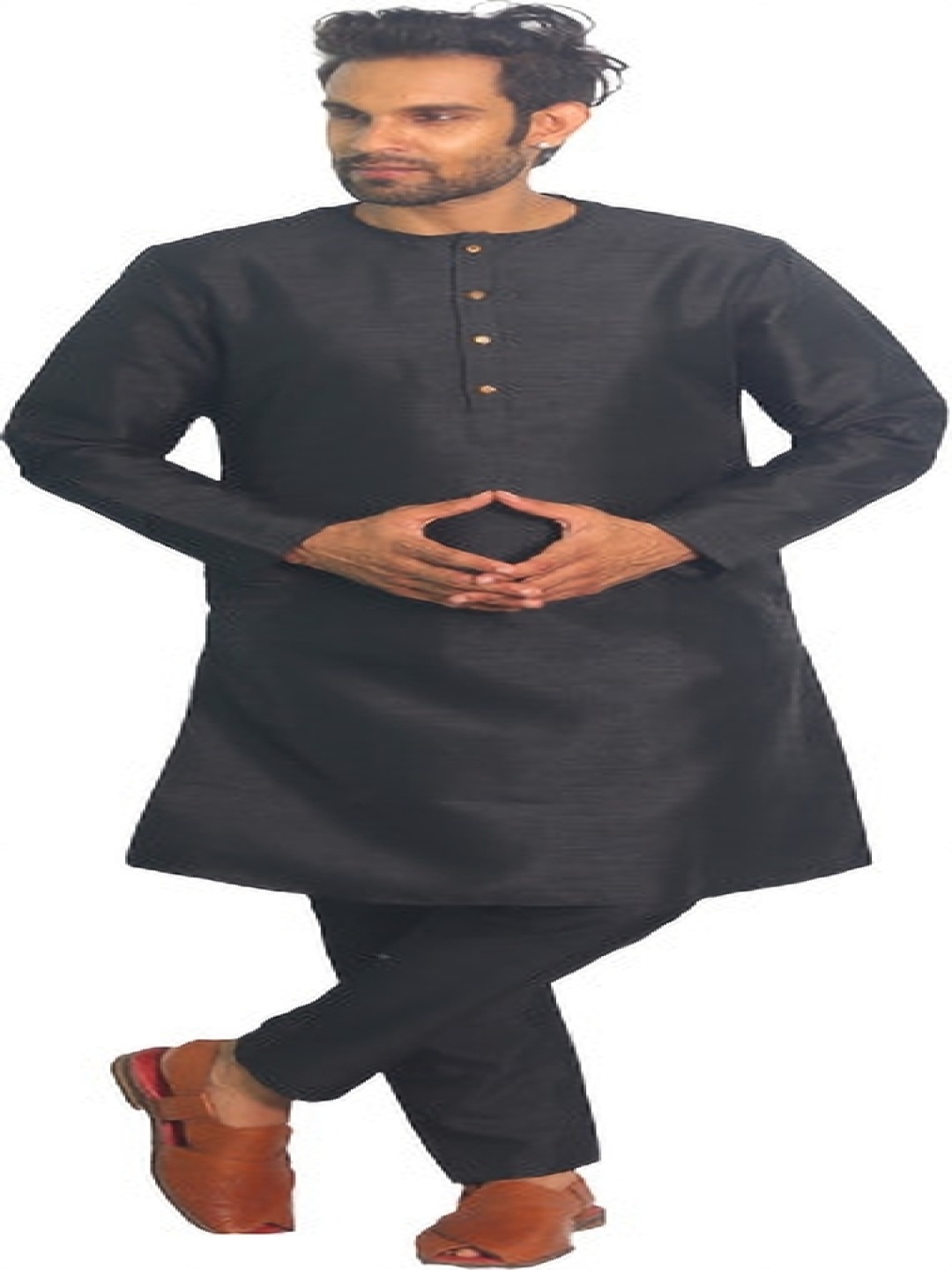 

House of Aqss Round Neck Dupion Silk Straight Kurta With Pyjamas, Black