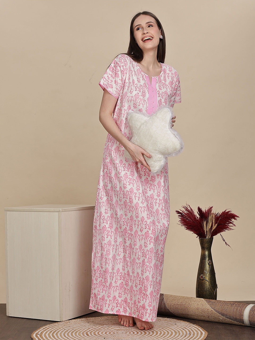 

9shines Label Women Printed Pure Cotton Maxi Nightdress, Pink