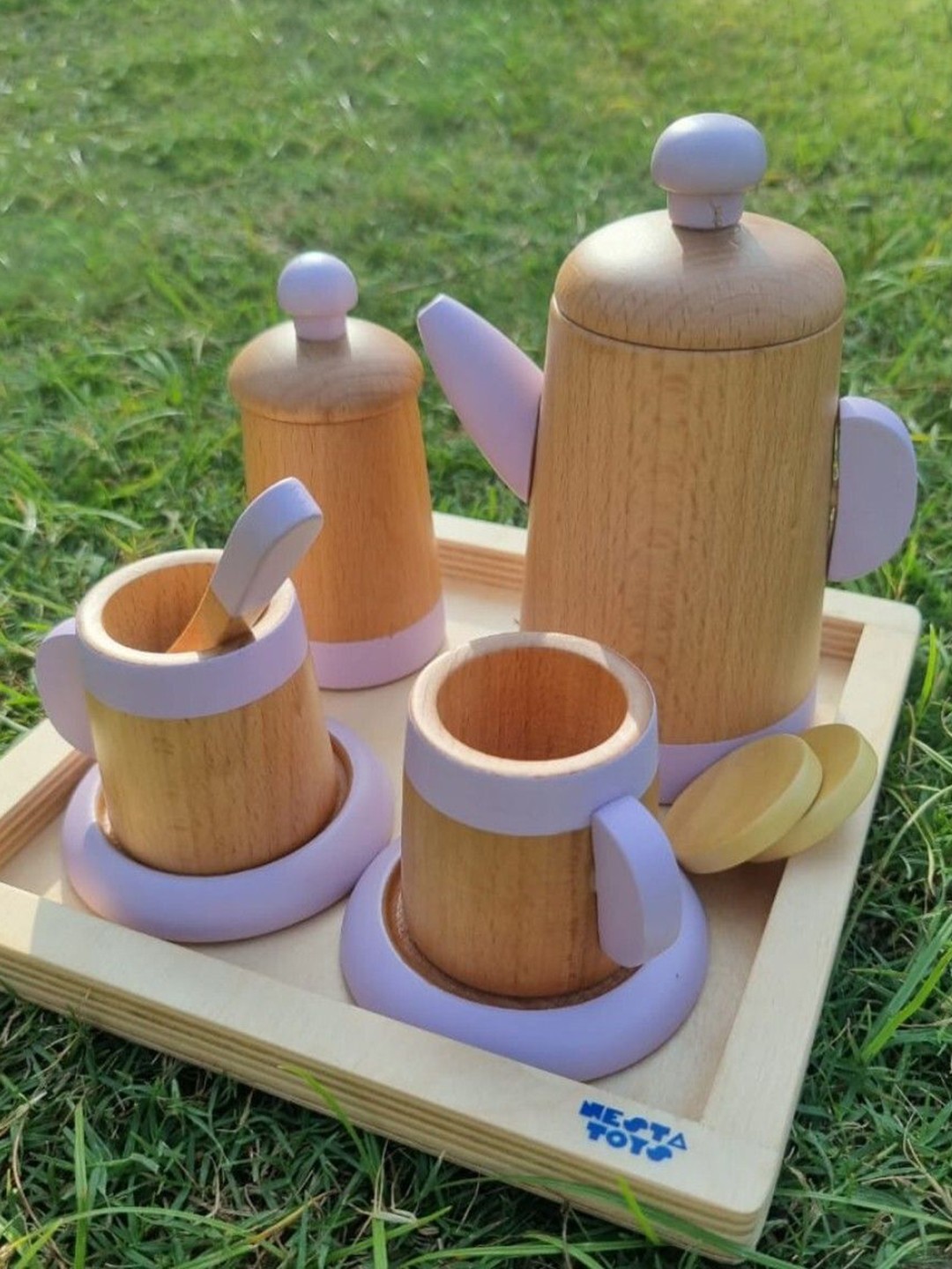 

Nesta Toys Pretend Play 10 Pcs Wooden Tea Set Kitchen Toys, Brown
