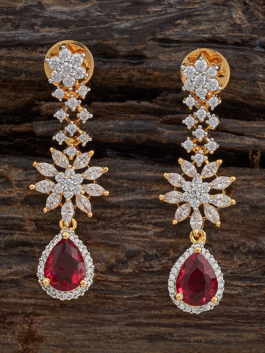 

Kushal's Fashion Jewellery Gold-Plated Teardrop Shaped Zircon Studded Drop Earrings