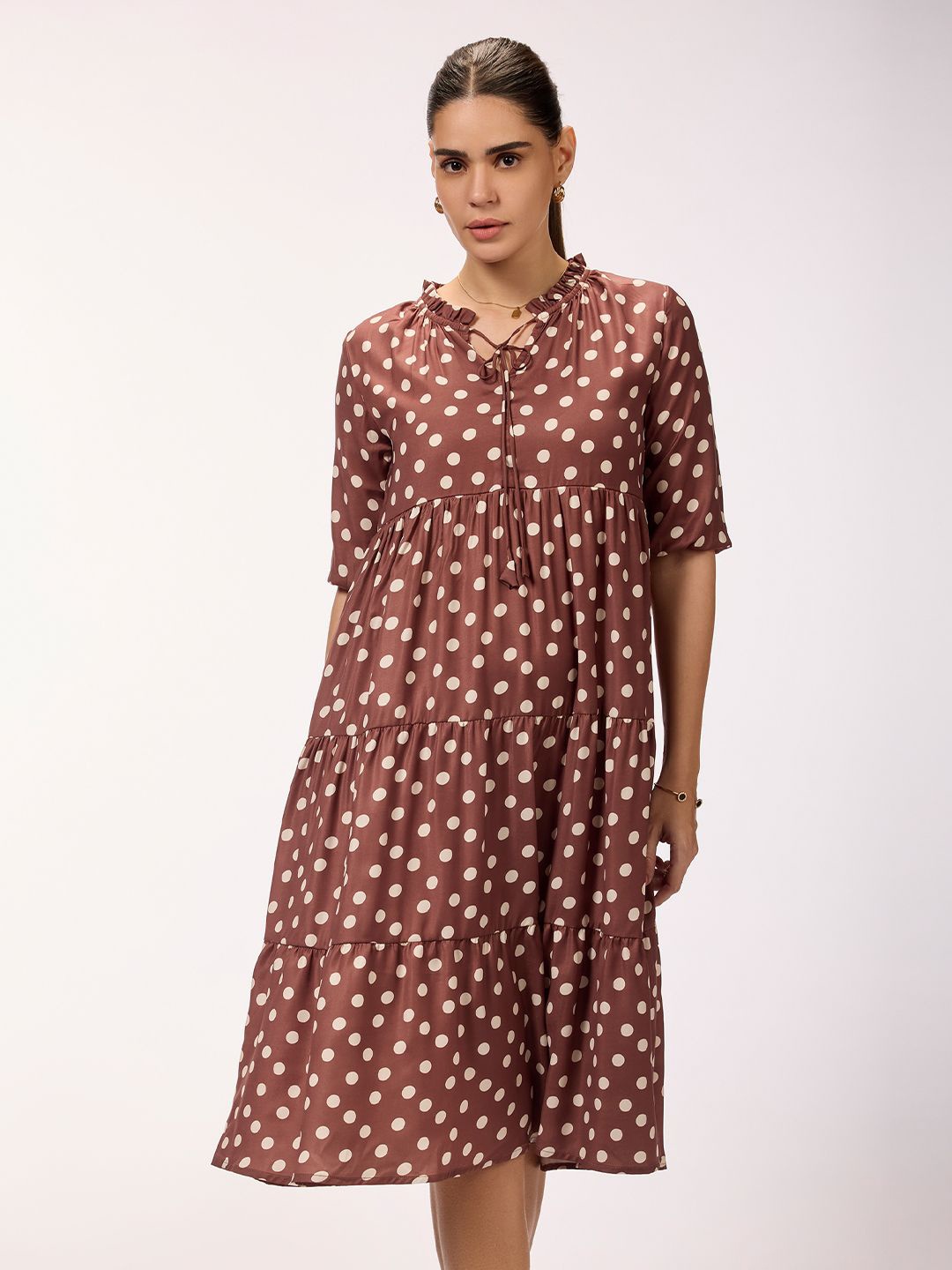 

Bombay High Polka Dot Print Tie-Up Neck Fit & Flare Midi Dress, Coffee brown